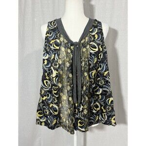 Rozae RN Sz. Small Silk Blouse Sleeveless Tie VNeck All Over Print BOHO USA Made